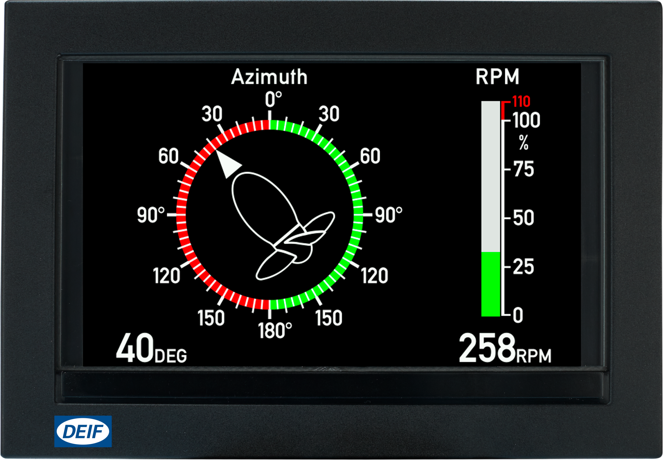 A digital marine display shows azimuth with a colored dial, displaying 40 degrees, and RPM with a vertical bar, reading 258 RPM. The screen also features a DEIF logo at the bottom left.