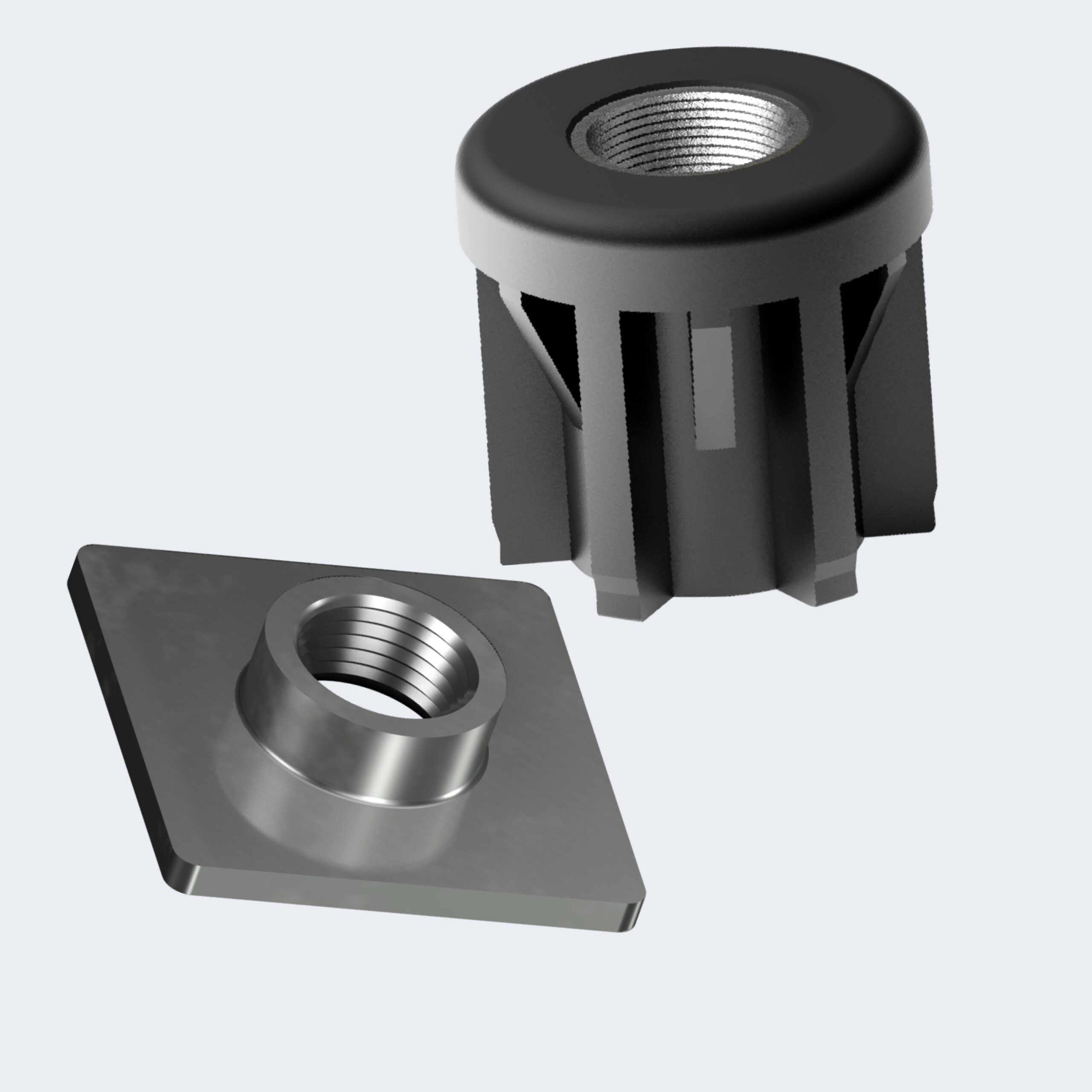 Een zwart cilindervormig inzetstuk met schroefdraad en verticale groeven, bekend als een inslagdop, is afgebeeld naast een vierkante lasplaat met een centraal gat met schroefdraad voor stelvoeten, beide tegen een lichtgrijze achtergrond.