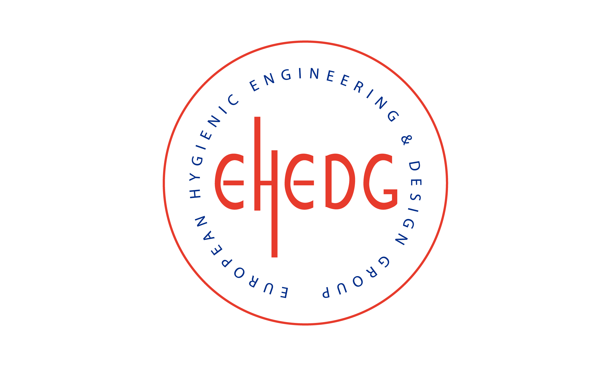 Logo van de European Hygienic Engineering & Design Group (EHEDG) met het acroniem EHEDG in rood, omringd door de volledige naam in blauwe tekst op een witte achtergrond, als symbool voor normen zoals Verbeterde RVS Stelvoeten.