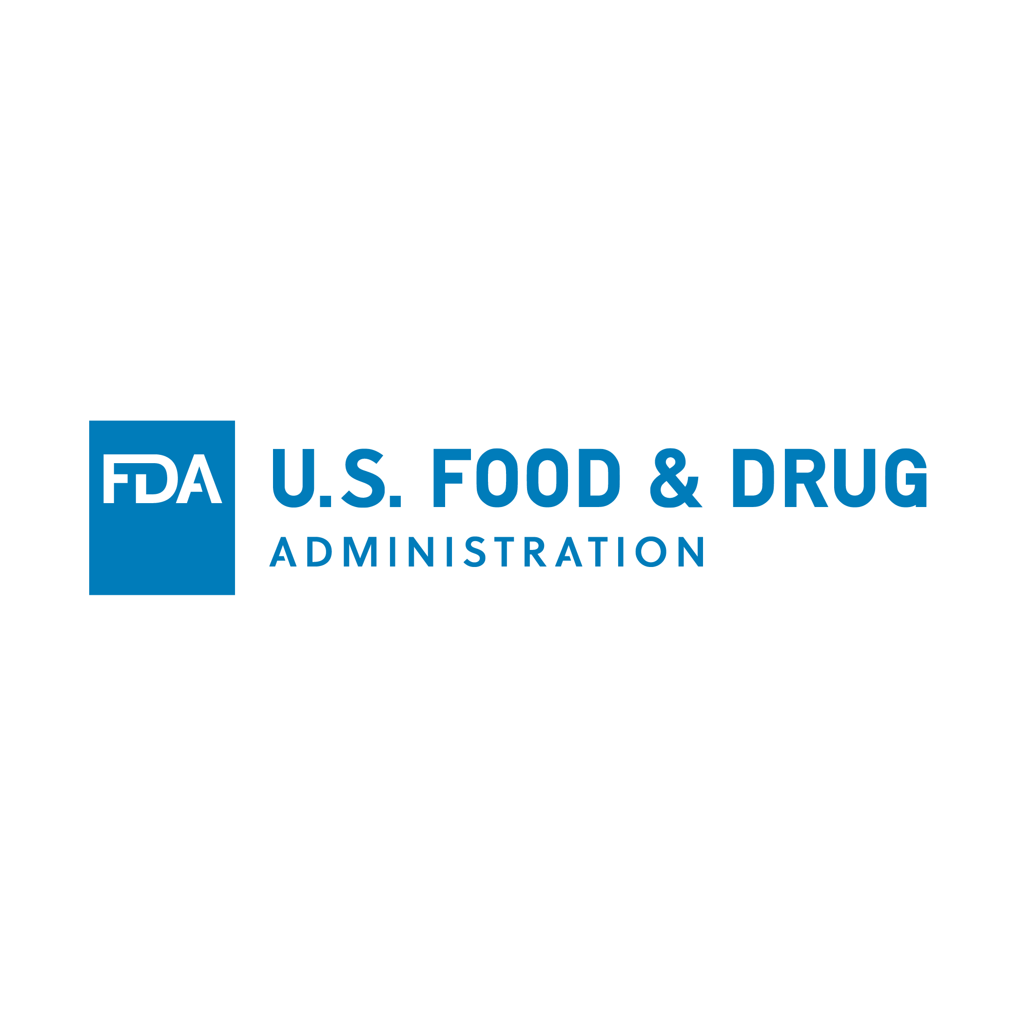 De afbeelding toont het logo van de U.S. Food & Drug Administration (FDA), met FDA in witte tekst binnen een blauw vierkant - vaak te zien op producten zoals RVS hygiënische stelvoeten - gevolgd door U.S. FOOD & DRUG ADMINISTRATION in blauwe hoofdletters op een lichte achtergrond.