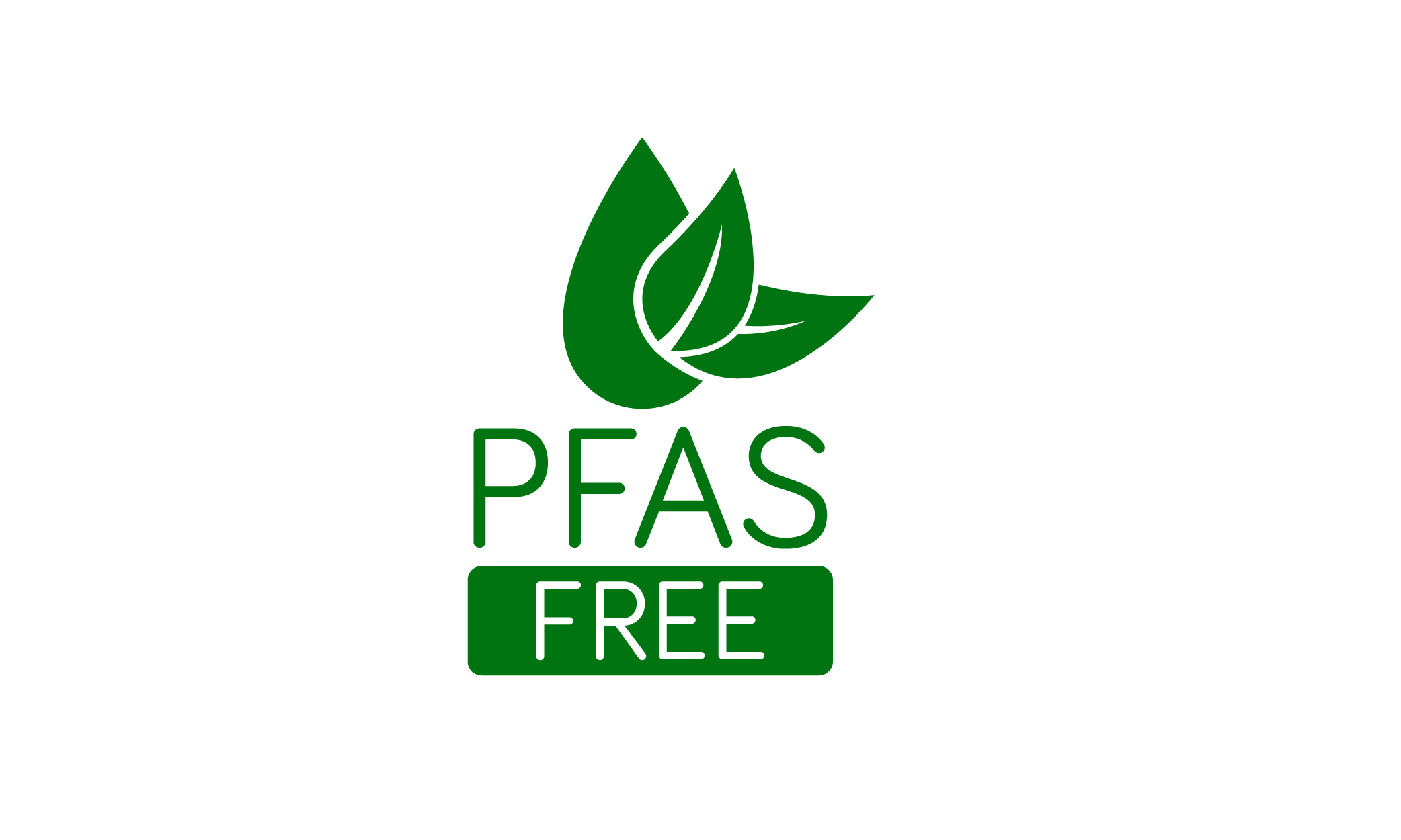 Groen pictogram met drie bladeren boven de woorden PFAS FREE in vette groene letters, om aan te geven dat het product geen PFAS-chemicaliën bevat. Ideaal voor gebruik met Verbeterde RVS Stelvoeten. Witte achtergrond.