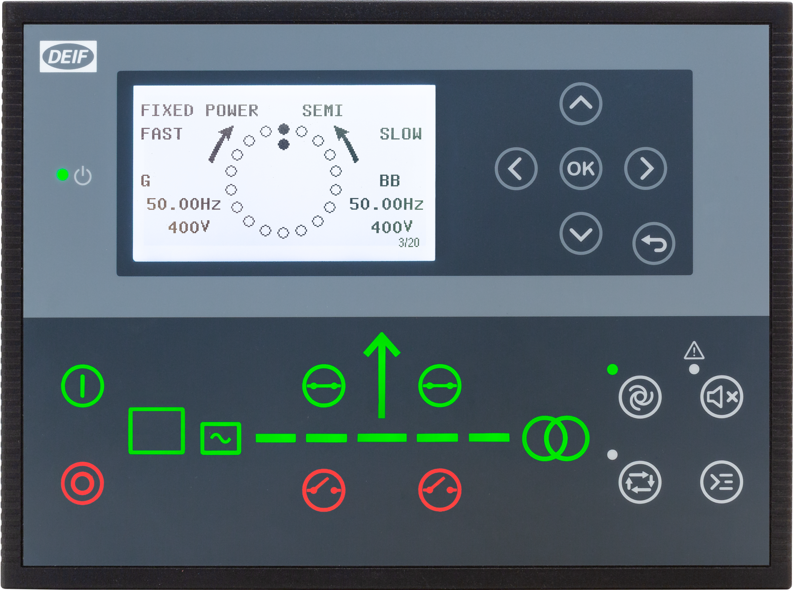 DEIF iE-150 Marine bedieningspaneel met een synchroscoopscherm in de modus Fixed Power Semi, met generator en busbar op 50Hz/400V, met navigatieknoppen en groen/rode controle-indicatoren.