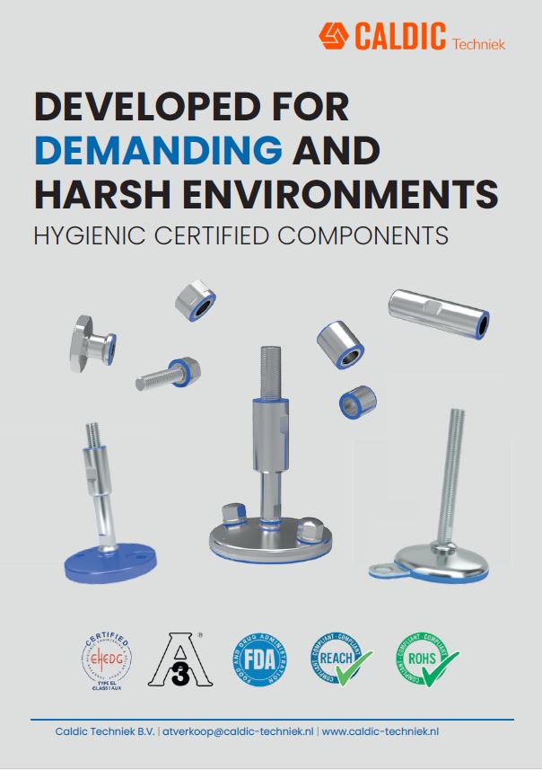 Poster met verschillende metalen hygiënische onderdelen zoals verstelbare poten en bouten, met tekst die hun geschiktheid voor veeleisende en ruwe omgevingen benadrukt. Certificatielogo's zoals FDA, REACH en ROHS worden onderaan weergegeven.