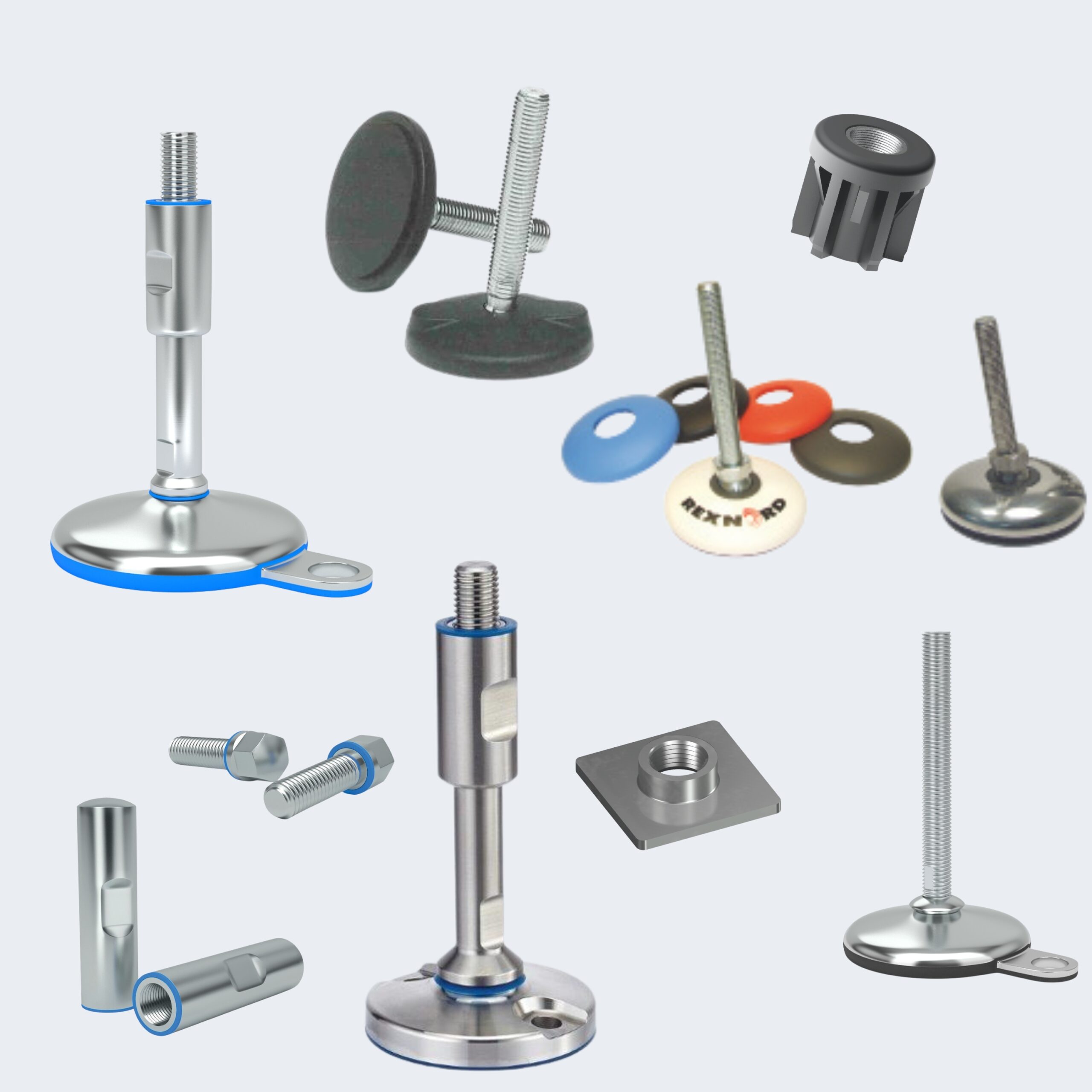 Verschillende metalen stelvoeten voor transportbanden, bouten, sluitringen en hardwarecomponenten zijn gerangschikt op een lichtgrijze achtergrond en laten verschillende ontwerpen, materialen en montagestijlen zien.