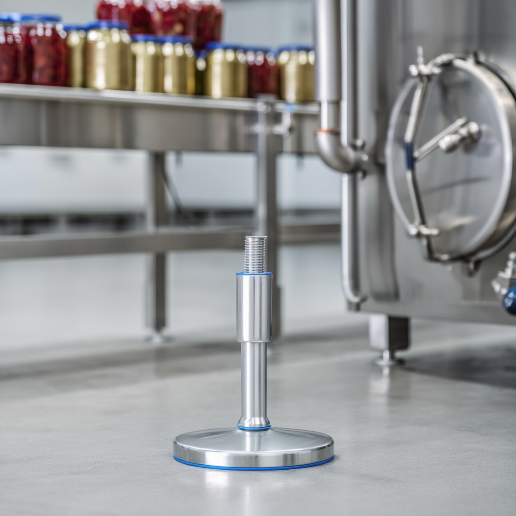 Een close-up van stelvoeten op een fabrieksvloer, met ingeblikte goederen die over transportbanden bewegen en roestvrijstalen voedselverwerkingsapparatuur op de achtergrond.